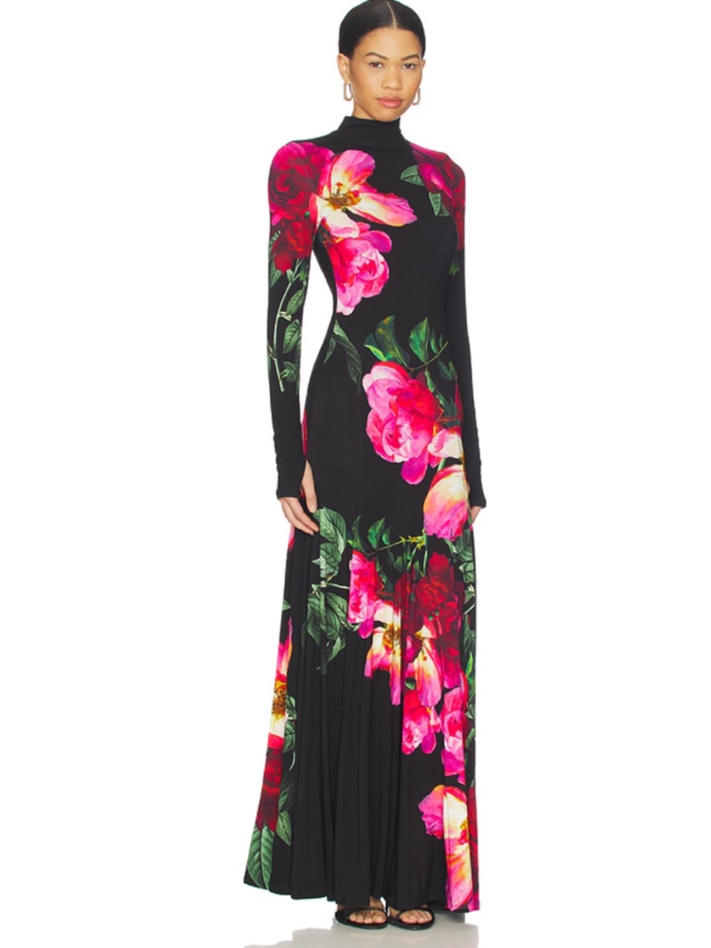 Alice + Olivia AUGUSTA Black Pink Rose Empress Bloom Maxi Dress Turtleneck Sz 2